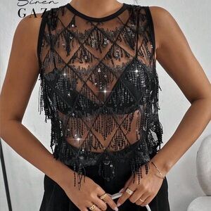 Black Sequin Fringe Mesh Tank Top